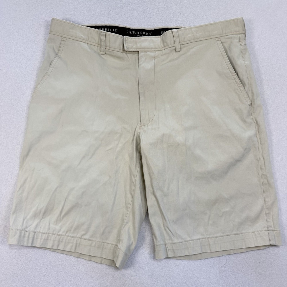 Burberry Golf Mens Shorts Size S36 Solid Beige Cotton Spandex Waist 10" Inseam